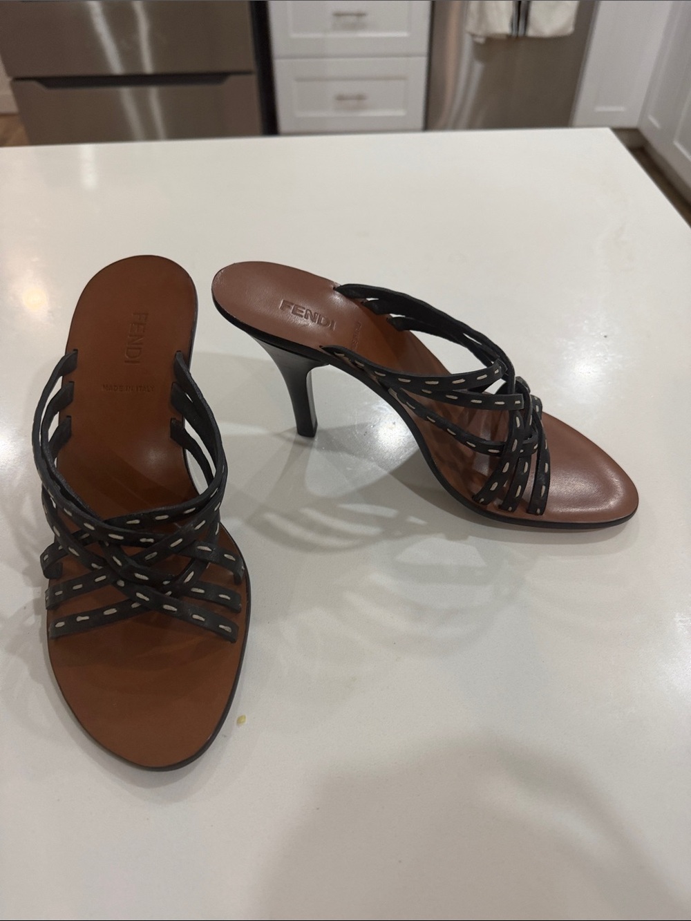 Fendi Brown Leather Open-Toe Heeled Mules with Black Braided Straps
